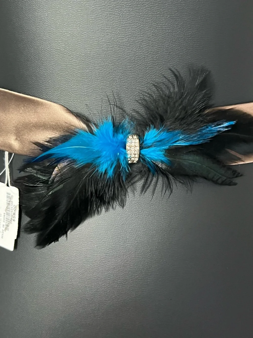 J. Crew Brown Satin Belt with Blue & Black Feather Accent - Picture 2 of 3